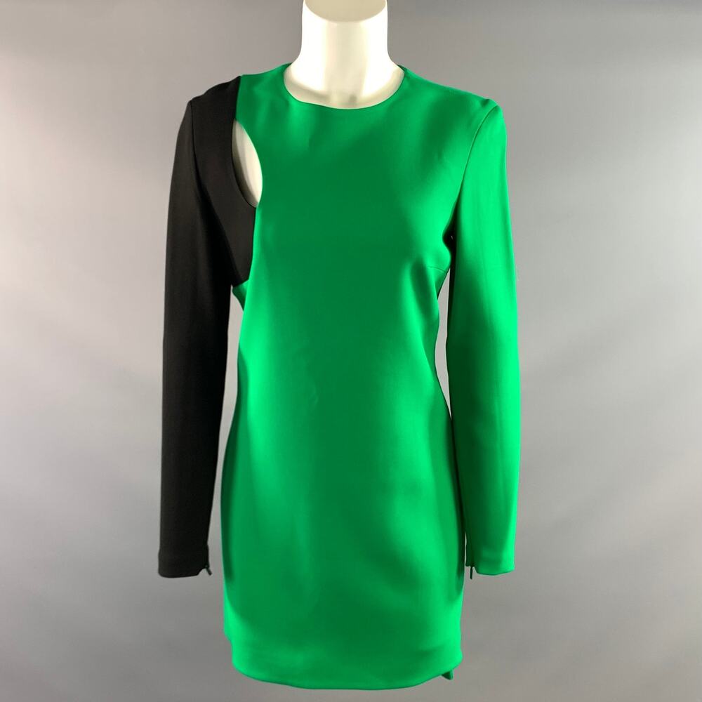VERSACE FW2015 Size 6 Green Black Viscose Blend Color Block Long Sleeve Dress